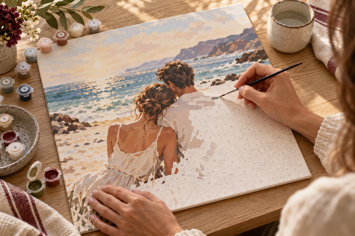 Illustration einer kreativen Malpause mit personalisiertem Paarmotiv